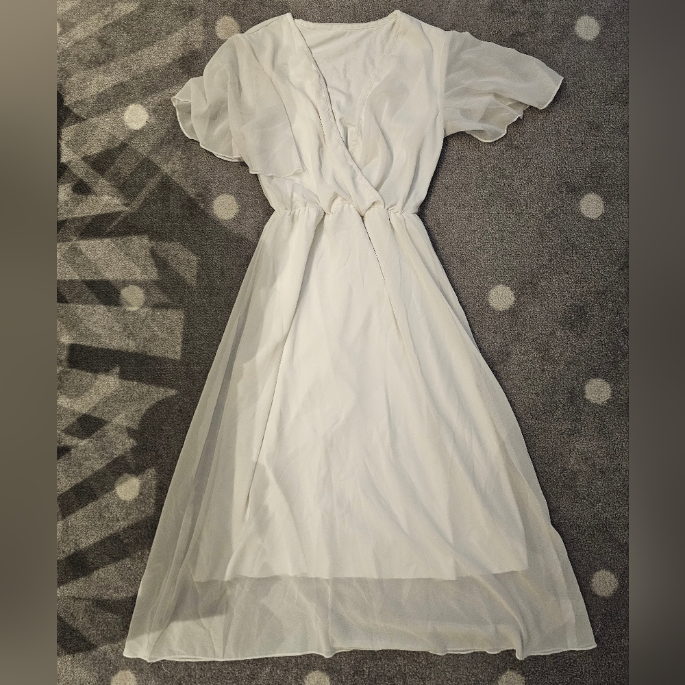 White Flutter Sleeve Dress | Worn Once | Sheer & Opaque Layered Style